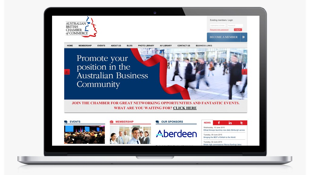 Australian British Chamber of Commerce drupal website showing the homepage, business directory and membership access