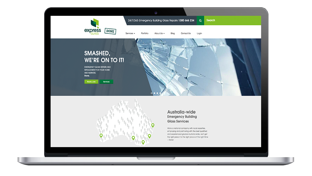 Express Glass drupal website showing homepage call to action and locations